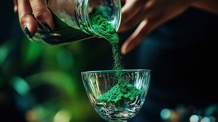 Wall Mural - A woman is pouring green powder into a glass