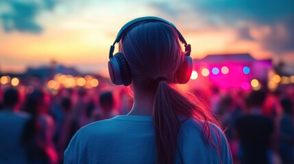 Wall Mural - Festival goers enjoying a silent disco at a summer music festival