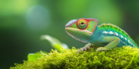 Close-up of a colorful chameleon on a branch with moss. Vibrant, natural, tropical, green rainforest / jungle background. Nature concept, color change and camouflage.