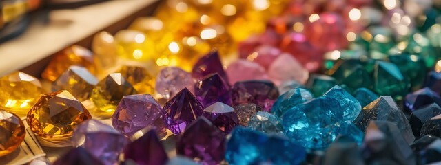 Poster - Colorful array of sparkling gemstones displayed in a market during a sunny afternoon