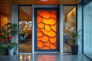 Canvas Print - Modern Office Entrance with Intricate Orange Door Design