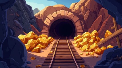 Wall Mural - Cartoon Gold Mine Tunnel with Golden Rocks and Train Tracks, Designed for Game Art Background