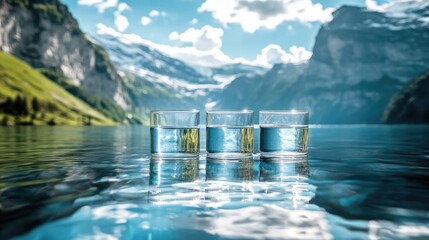 Wall Mural - Glasses of mineral water gently float on a lake, with majestic mountains and blue skies reflected in the calm, quiet waters.