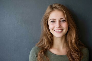 Canvas Print - Smiling Young Woman With Long Brown Hair, Generative AI.