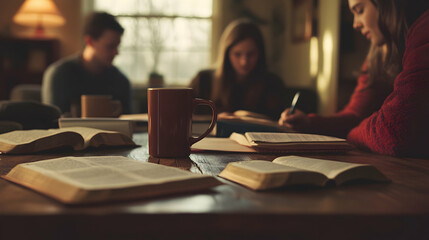 Wall Mural - A small group of friends studying the Bible together at a kitchen table, surrounded by notebooks and coffee cups, fellowship and shared faith in a warm home setting, with a banner and copyspace