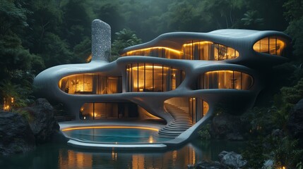 Poster - A futuristic-style architecture features a curved shape