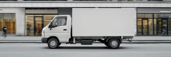 New White Delivery Truck Driving on a City Street That Is A Modern Cargo Transportation Vehicle.