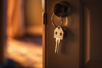 Key in the shape of a house symbol in an open door with warm light in the background