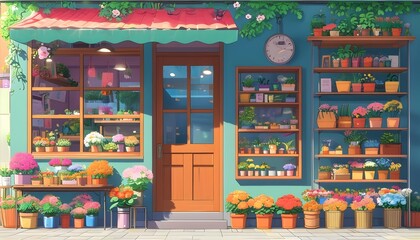 Charming Flower Shop on the Street in Colorful Lofi Anime Style with a Relaxing and Happy Atmosphere