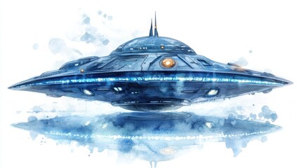 Poster - A futuristic blue UFO hovers above the ground in a serene landscape filled with soft colors and abstract textures, creating a captivating atmosphere