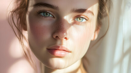 Canvas Print - Close-up portrait of a woman with clear skin, soft lighting from a window highlighting her natural beauty against a pastel background