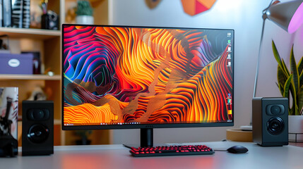 Poster - The Synthetic Serengeti: Vibrant patterns dancing across a liquid crystal display, resting on a clean, white desk.