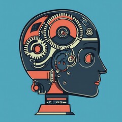 Poster - A Side Profile of a Human Head with Cogwheels as a Brain