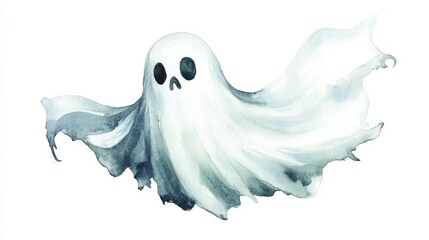 Poster - A whimsical illustration of a friendly ghost floating through the air with a soft, flowing appearance against a blank background