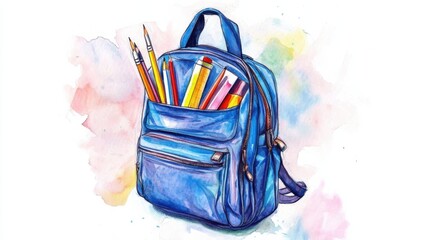 Poster - A blue backpack filled with colorful school supplies rests against a soft watercolor background in a light and playful setting