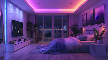 Poster - Typical teenage bedroom interior with a purple led light illumination, generative AI