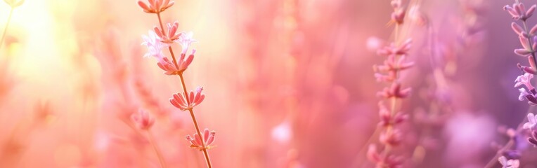 Poster - A close up of a bunch of purple flowers with a bright sun in the background
