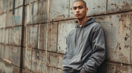 Poster - A man wearing a gray hoodie stands against a wall