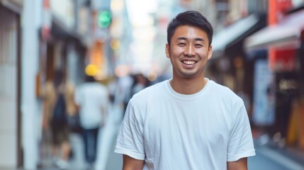 Poster - A man is smiling and wearing a white shirt while standing on a street