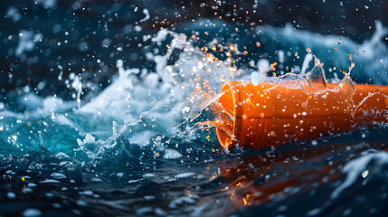 Poster - Vibrant orange tube splashing into deep blue water