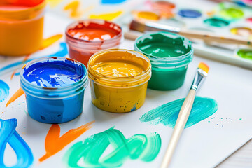 top view of a paint kit, with small plastic bottles of color and a painting brush on white paper