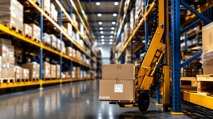 a forklift moves boxes in a large warehouse. bright shelves and organized storage create an efficien
