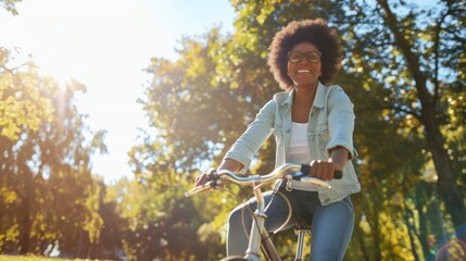 Poster - A woman is riding a bicycle in a park