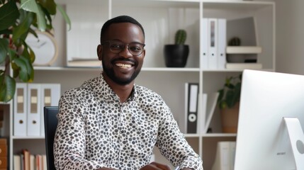 Poster - A man with glasses is smiling in front of a computer monitor