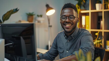 Fototapete - A man is sitting at a desk with a computer monitor in front of him
