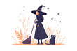 © Evhen Pylypchuk - A beautiful witch in a black magic hat holding a broom stands beside her black cat. In the background, a spooky castle looms with bats flying, glowing pumpkins, and a translucent ghost floating by