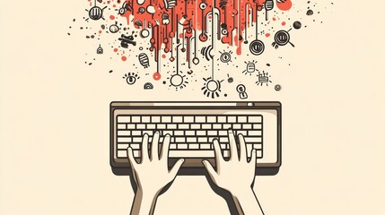 Poster - Animated hands typing on a keyboard with creative abstract icons floating, representing online communication and interaction.