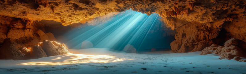 Wall Mural - The white sand dunes of the cave sparkle under the sunlight, with golden light streaming through natural openings in the cave ceiling.