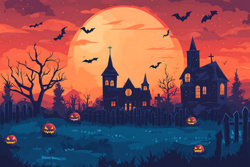 A spooky Halloween scene featuring a dark, eerie castle with bats flying in the night sky. Carved pumpkins glow on the ground, while a translucent ghost floats by