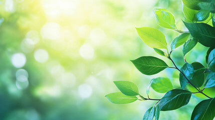 Poster - Sun shining through green leaves growing on branch in spring forest with copy space