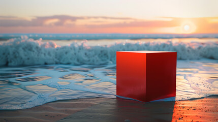 Wall Mural - Red cube mock up on the beach, generative ai