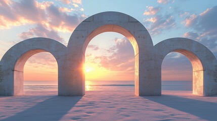 Historical white architectural arches ancient beauty wall gate on sandy beach with blue sky