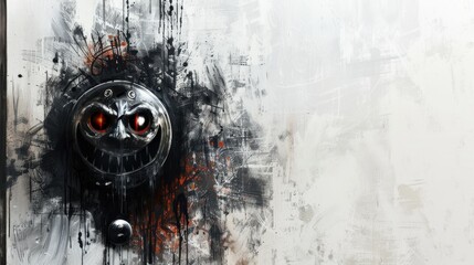 Poster - A black and white painting of a face with red eyes and a mouth that is open