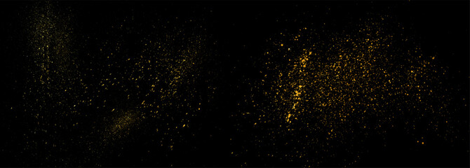 Wall Mural - Gold glitter texture on black background. Wide vector sparkling stardust banner. Golden dust bg. Shiny abstract confetti backdrop. Magical sparkling particles background