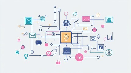 Fototapete - Modern technology concept with interconnected icons representing data, communication, and security in a digital network