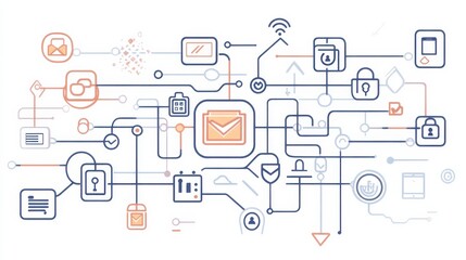 Fototapete - Abstract illustration of interconnected icons representing email communication and digital security concepts in a modern tech environment