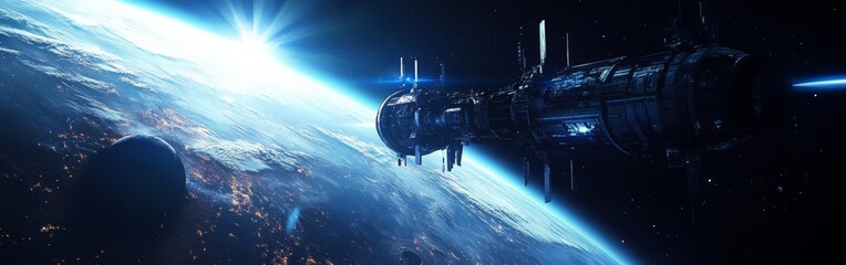 Poster - A futuristic spaceship or station orbits Earth at dusk, capturing the beauty of the planet's atmosphere and surrounding space