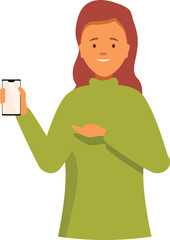 Poster - smiling woman presenting new smartphone and pointing at it with her hand