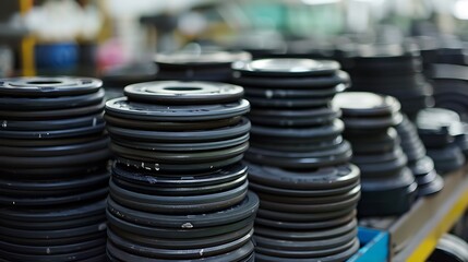  A high-definition image of a stack of old gym dumbbells arranged neatly on a floor. 