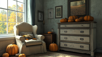 Wall Mural - A bright bedroom with pumpkins, a comfy armchair, and a dresser.