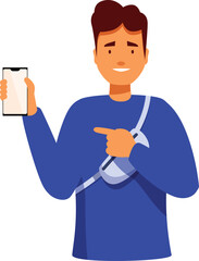 Poster - smiling modern man showing smartphone and pointing at blank screen with his finger