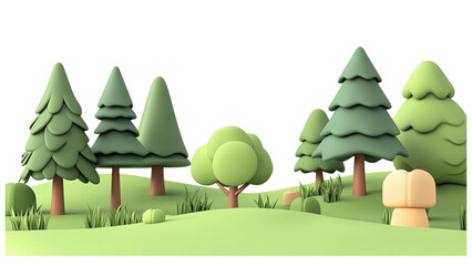 A colorful 3D illustration depicting a whimsical cartoon forest scene with trees and a mushroom.