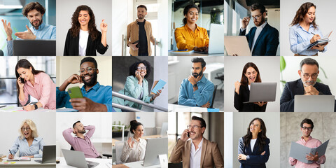 Aufkleber - A diverse group of professionals is seen engaged in various work-related activities indoors. Some individuals are using laptops and smartphones
