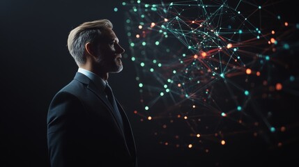 Poster - Businessman in profile looking at a network of interconnected digital nodes. Futuristic concept of global connectivity.
