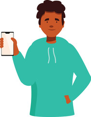 Poster - young man showing smartphone screen, holding mobile phone and smiling