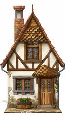 Poster - A small house with a brown roof and white trim
